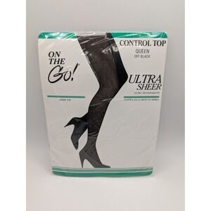 On The Go Ultra Sheer Control Top Pantyhose Queen Off Black Sheer Toe